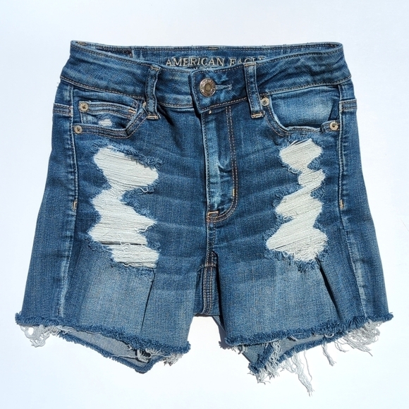 American Eagle Medium Wash Distressed High Rise Shortie Jean Denim Shorts Blue 0 - Picture 1 of 13